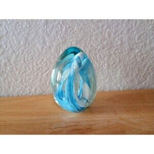 Vintage Blue Hand Blown Egg Shaped Paper Weight Small